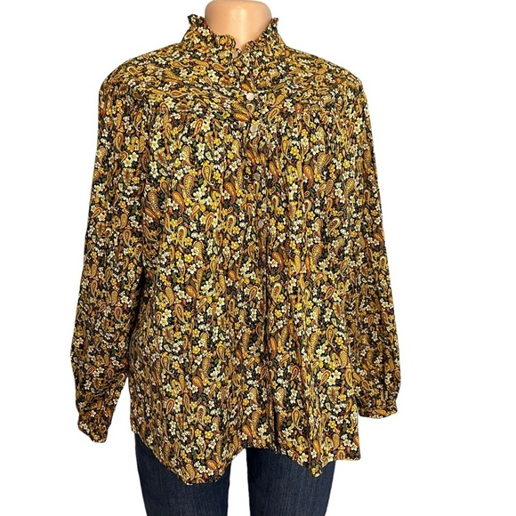 3/$30 🍂 Overlover Yellow & Brown Paisley Button Down Cotton Blouse - Picture 1 of 12